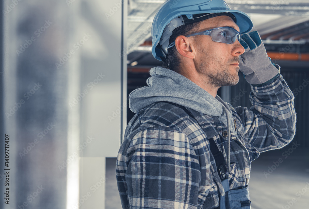 Caucasian Construction Worker Inspecting Site With Focus and Caution