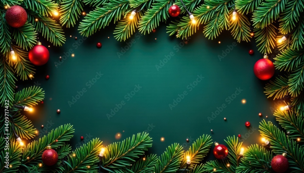Christmas border with coniferous branches and garland, surrounded by festive lights and greenery, fir, snowflake Christmas border with coniferous branches and garland, surrounded by festive lights and greenery, fir, snowflake