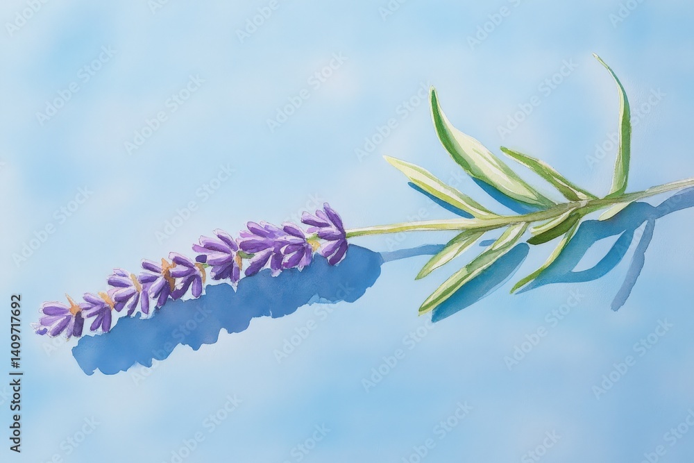 Obraz premium Delicate lavender sprig against a soft light blue backdrop.