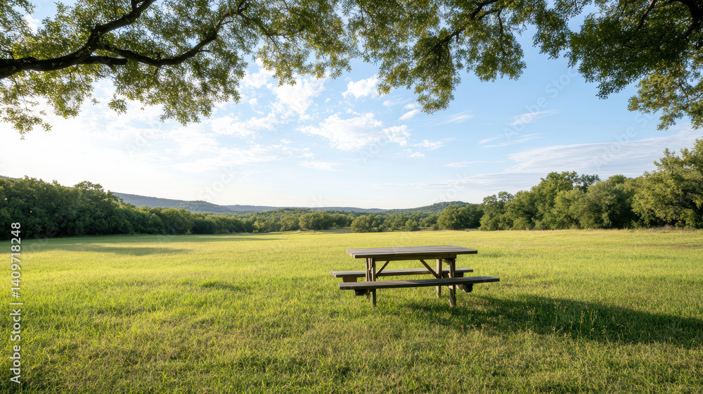 serene sunlit field features picnic table under lush tree canopy, inviting relaxation serene sunlit field features picnic table under lush tree canopy, inviting relaxation