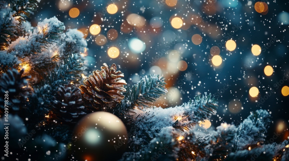 Magical Winter Scene with Pine Cones and Sparkling Lights Magical Winter Scene with Pine Cones and Sparkling Lights