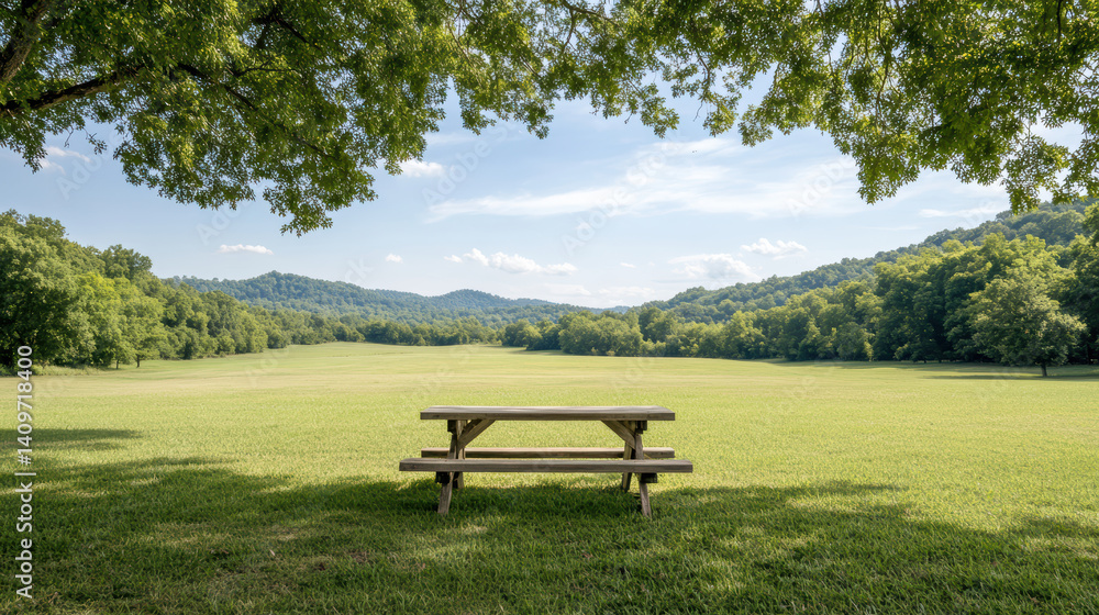 serene sunlit field features picnic table under lush tree canopy, inviting relaxation serene sunlit field features picnic table under lush tree canopy, inviting relaxation