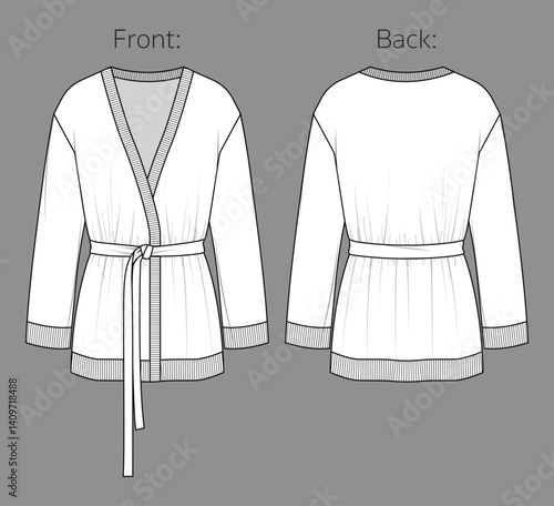Vector v neck long sleeved jacket fashion CAD, woman long kimono with ribbed edges technical drawing, template, flat, sketch. Jersey or knitted fabric cardigan with belt, front, back view, white color