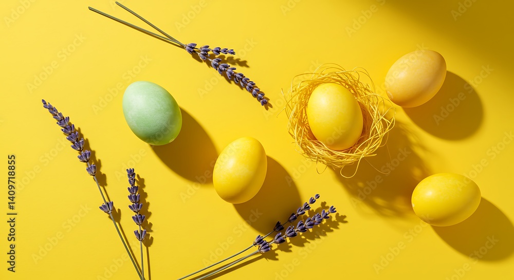 Fototapeta premium Golden yellow spheres, 3d illustration of Easter food decoration on blue