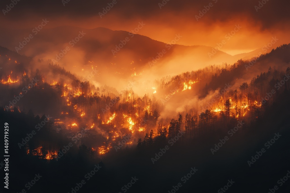 Naklejka premium Dramatic Mountain Landscape Aglow with Wildfire Flames and Smoke
