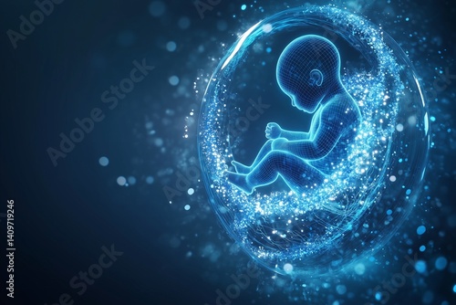 Wireframe fetus growing inside a protective energy ball, representing pregnancy and childbirth