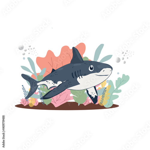 shark and fish  in the deep ocean with seaweeds,corals,vector illustration,cartoon character,flat nautical animal,pastel color illustration on white background
