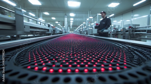 Wallpaper Mural Factory worker monitoring illuminated conveyor belt. Torontodigital.ca