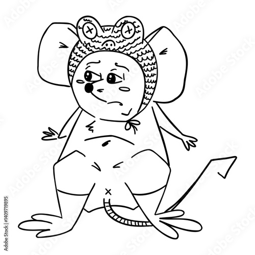 Cute cartoon mouse in a frog costume with a sad face expression. Black and white line art, perfect for kids, coloring pages, emotional characters, comics, and creative design projects.