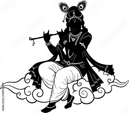 Krishna Playing the Flute: A stylized silhouette of Lord Krishna, the Hindu deity, serenely playing his flute while seated on a cloud, adorned with traditional jewelry and a peacock feather. 