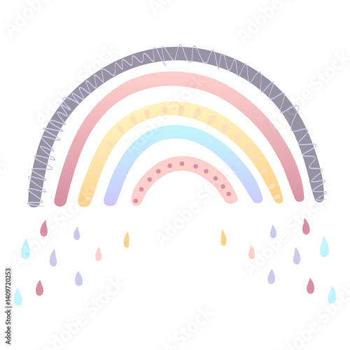 Hand drawn illustrations of rainbows in soft pastel colors. In warm pinks and purples with cute hearts and scallops and in blue and pink accents with delicate raindrops. Perfect for use in children's