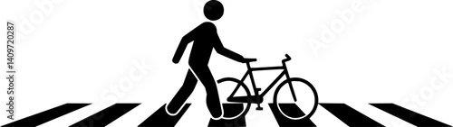 Pedestrian and Bicycle Crossing: A simple yet powerful icon representing a person walking and pushing a bicycle across a crosswalk. Emphasize safe pedestrian and cyclist interaction
