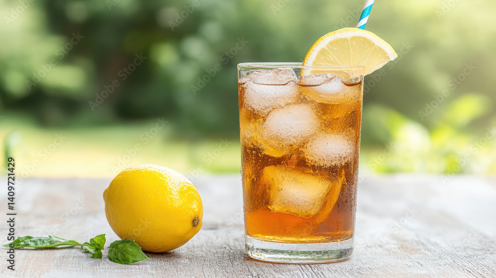 Refreshing iced tea with lemon and ice cubes, perfect for sunny day Refreshing iced tea with lemon and ice cubes, perfect for sunny day