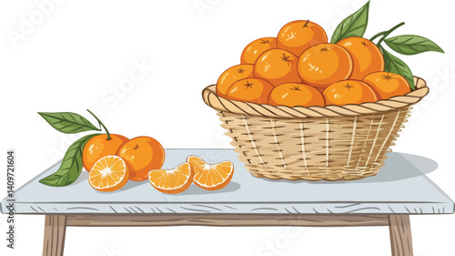 Mandarin vector design, Mandarin with Mandarin Slice in wicker basket on table Illustration vector design