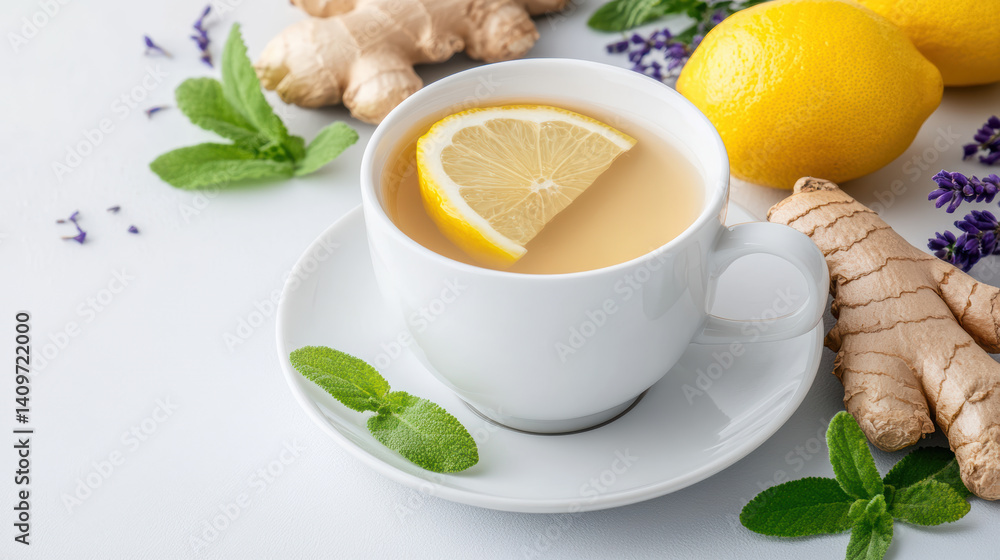 soothing cup of ginger tea with lemon slice, surrounded by fresh herbs and ginger root soothing cup of ginger tea with lemon slice, surrounded by fresh herbs and ginger root