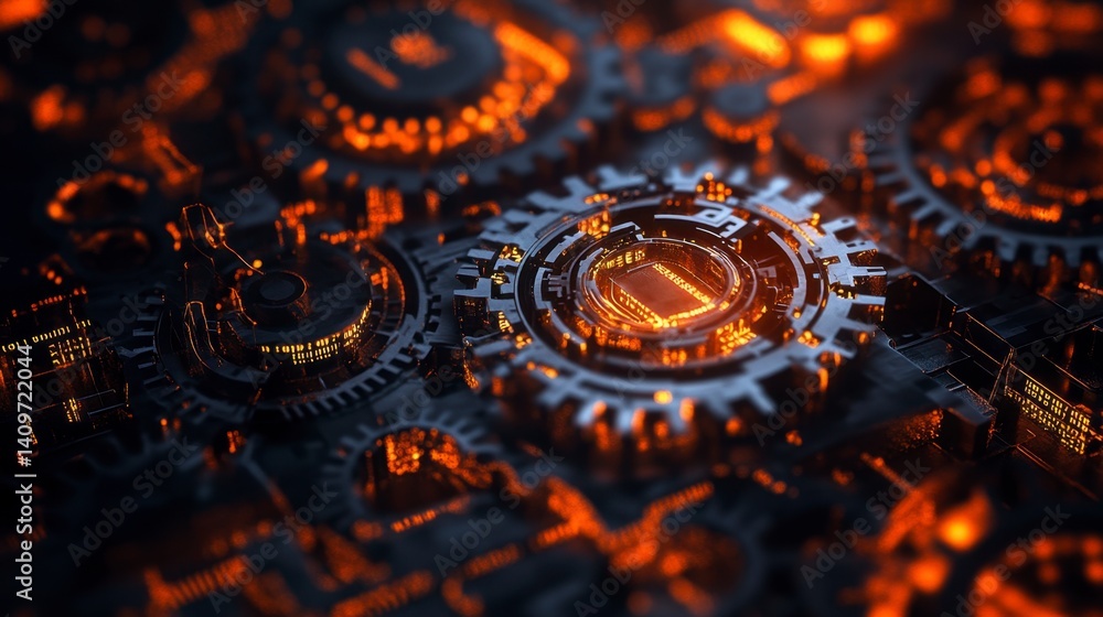 Futuristic Orange and Black Gears with Glowing Circuit Patterns Futuristic Orange and Black Gears with Glowing Circuit Patterns