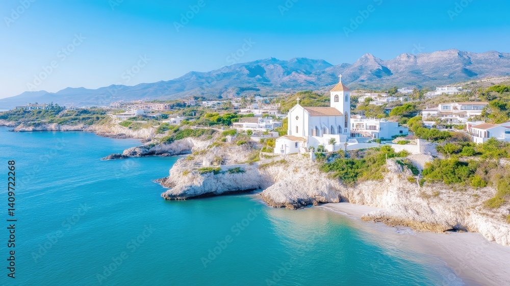 Coastal village nestled on cliffs, with a church Coastal village nestled on cliffs, with a church