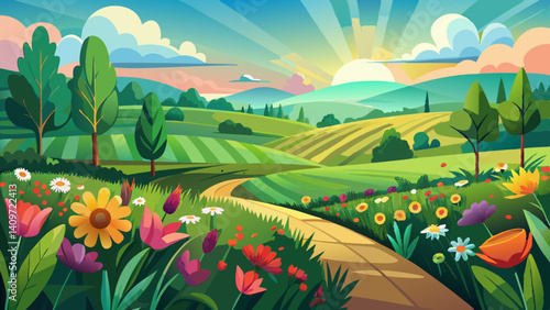 
Rolling green fields and colorful wildflowers under soft sunlight.
Represents peace, rural life, and natural harmony.