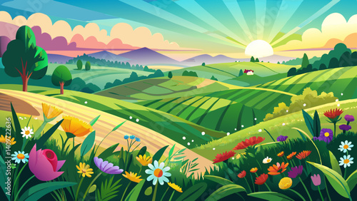 
Rolling green fields and colorful wildflowers under soft sunlight.
Represents peace, rural life, and natural harmony.