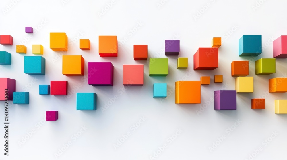Colorful geometric shapes arranged on a white background display Colorful geometric shapes arranged on a white background display