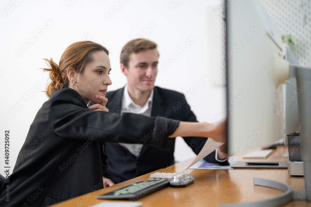 Obraz premium Professionals collaborating on project tasks at a modern workspace during daylight hours