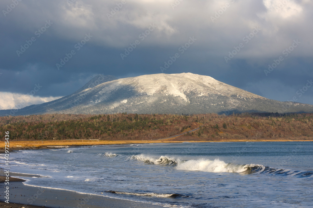 View of Mendeleev volcan and Pacific coast. Kunashir. Southern Kurils