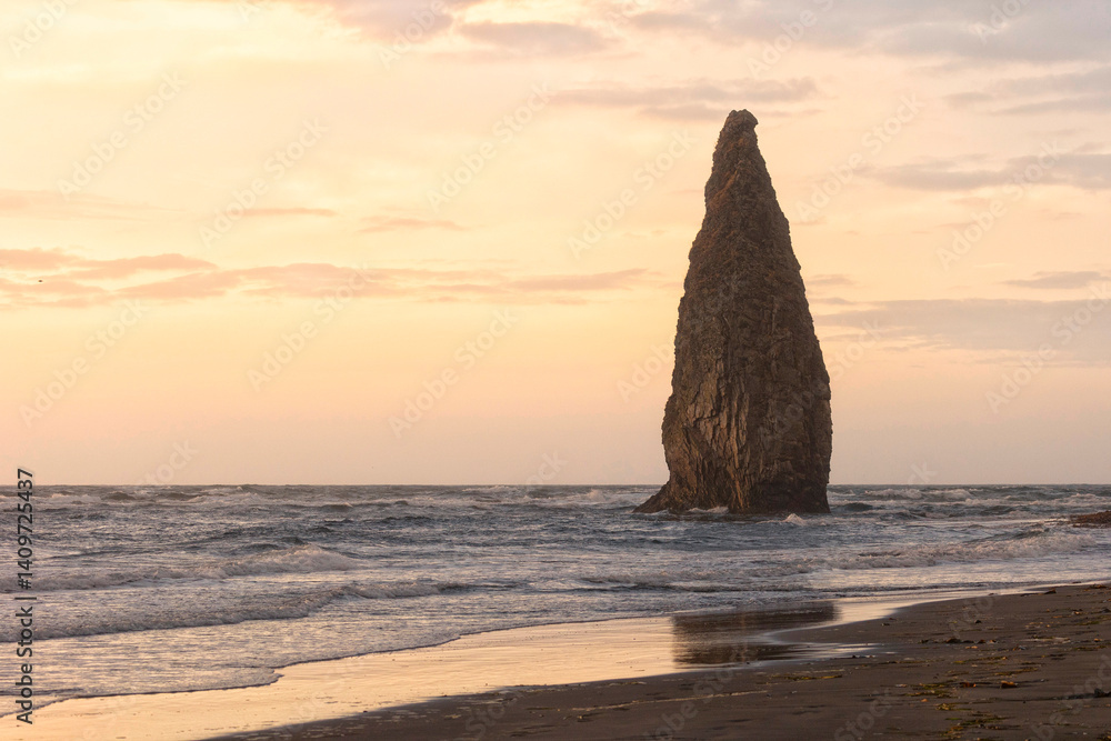 Kunashir. Rock Devil's finger at sunset