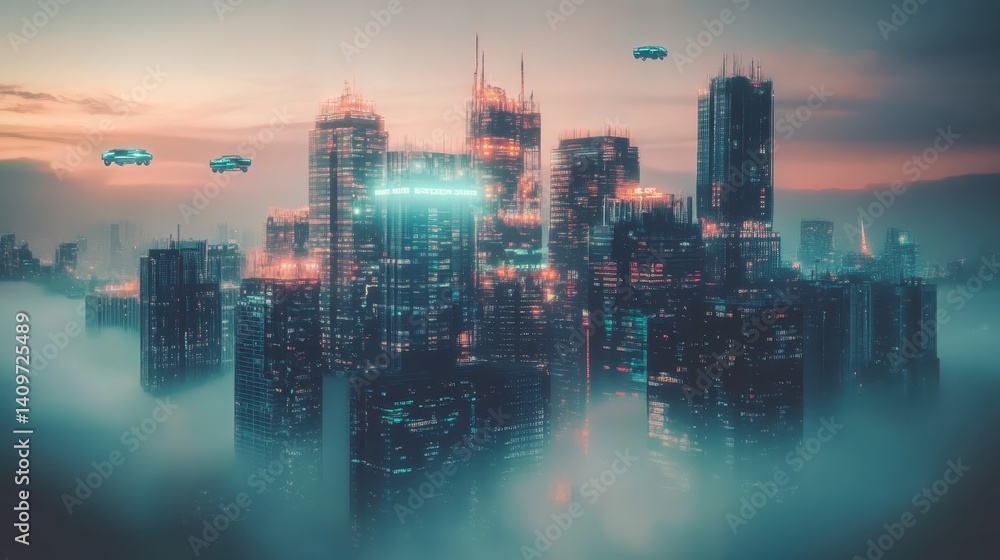 Fototapeta premium Vibrant cityscape with futuristic flying vehicles against a cloudy sky during daytime