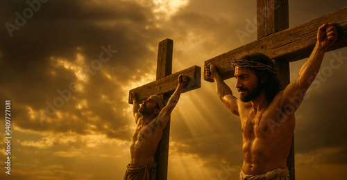 Biblical depiction of Jesus crucified alongside the good thief who repented before his death. Truly I tell you, today you will be with me in paradise