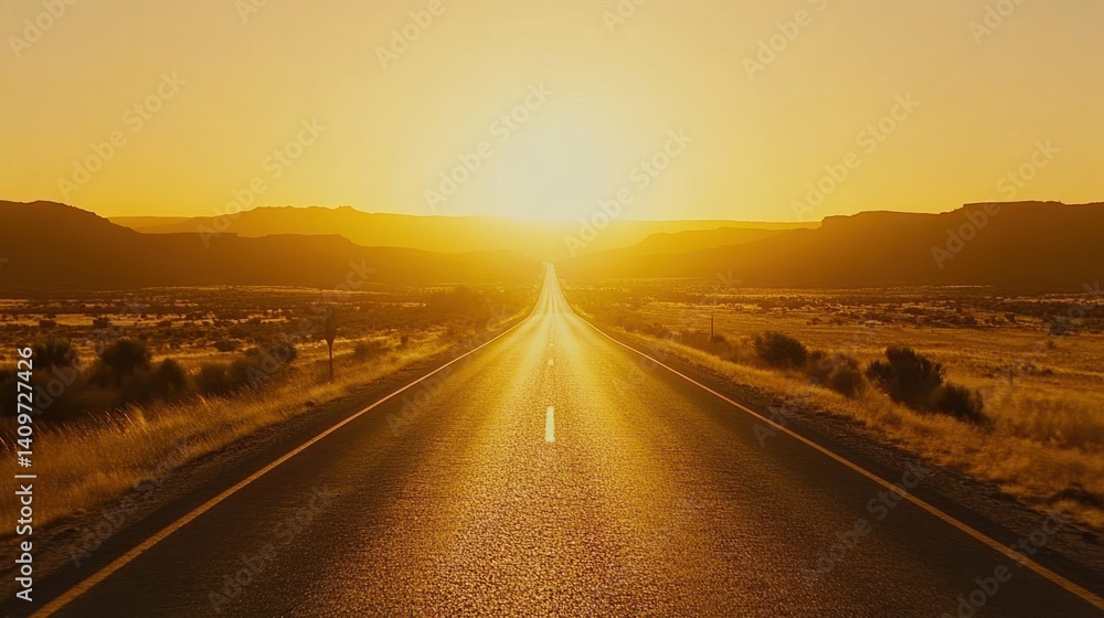 Fototapeta premium Golden Hour Road Trip: A Journey Towards the Sunset