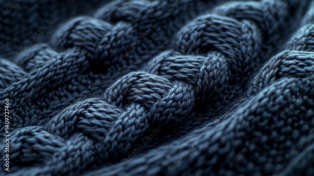 Close-up View of Dark Blue Knitted Fabric with Intricate Texture Close-up View of Dark Blue Knitted Fabric with Intricate Texture