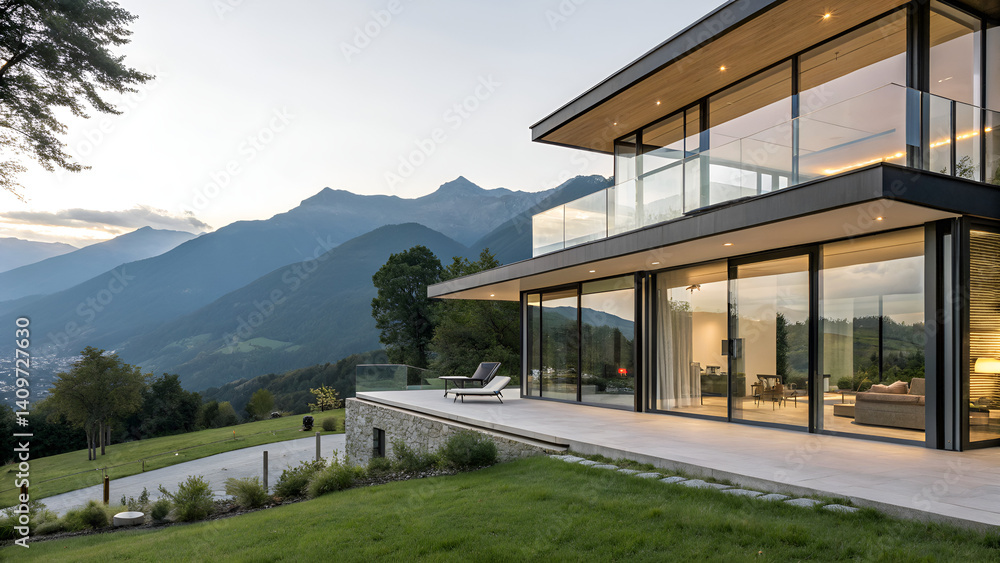 Modern Luxury House with Glass Walls and Scenic Mountain View at Sunset Modern Luxury House with Glass Walls and Scenic Mountain View at Sunset