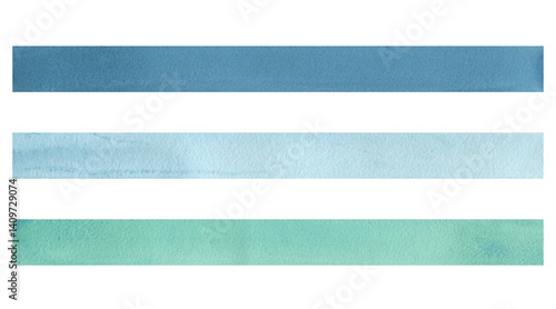 Stripes of paint dark blue, light blue and turquoise green, even rectangular. Watercolor illustration hand-drawn on the theme of sea and fishing. Set of elements isolated from the background