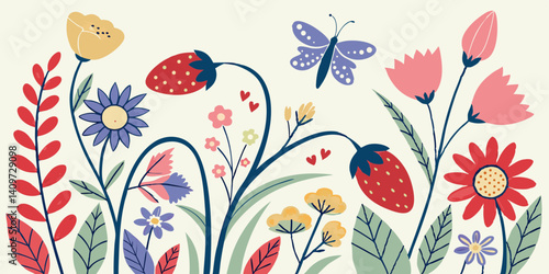 Lively Garden Elements, Vibrant Flowers, Strawberries, and Butterfly Designs for Creative Projects