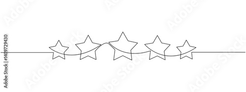 Five stars drawn in one continuous line. This simple linear style represents rating service, A continuous outline of five stars. Single line editable 5 star icon.