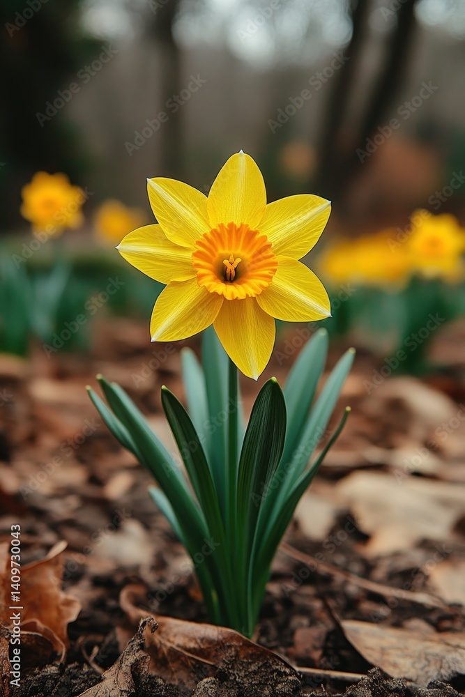 Single yellow daffodil flower blooms among fallen leaves in an outdoor setting. Single yellow daffodil flower blooms among fallen leaves in an outdoor setting.