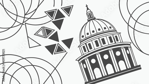 Abstract Line Art Featuring Capitol Building With Triangles And Circle Elements