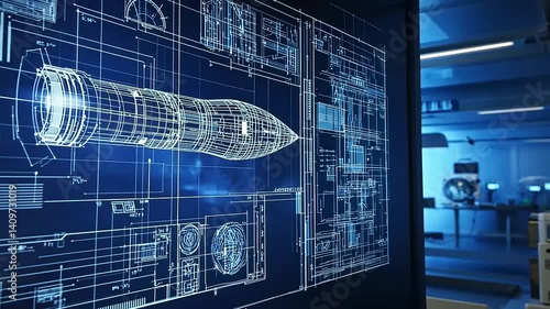 Blueprint of a rocket displayed in a modern lab