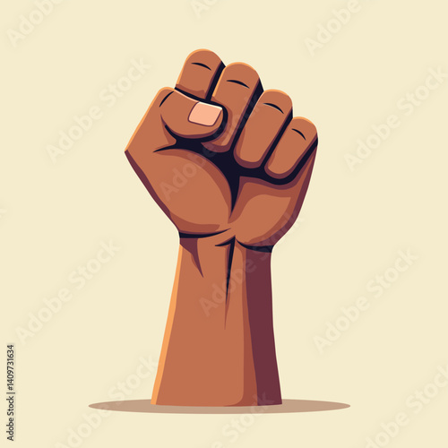 An illustration depicts a raised fist symbolizing solidarity, strength, and defiance against injustice.