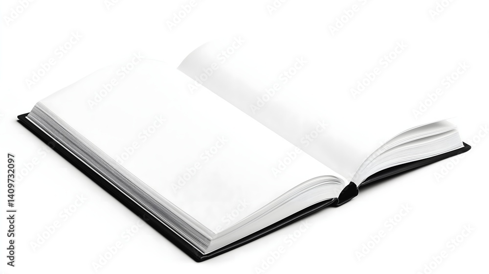 Open blank hardcover book with white pages lying on white background, copy space Open blank hardcover book with white pages lying on white background, copy space