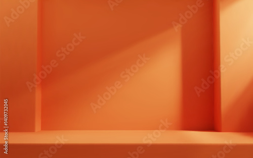 Orange room studio with table top and natural light. Product presentation template.
