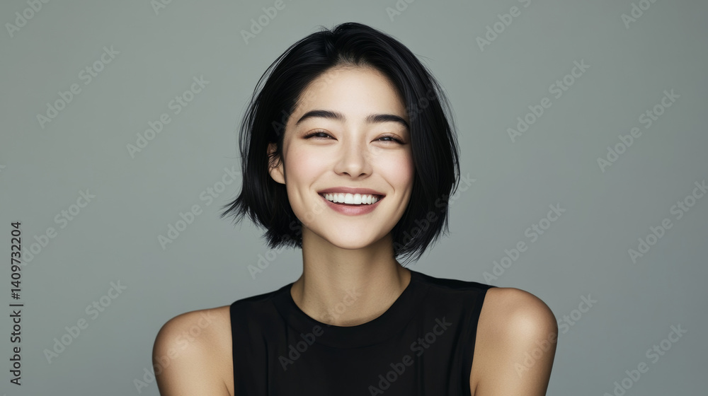 A happy Asian woman, a young woman smiles and looks at the camera, a stylish minimalistic portrait on a light background