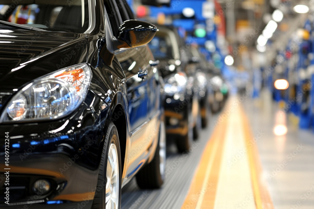 Obraz premium Factory workers assemble vehicles on the production line wearing uniforms and safety gear in an automotive manufacturing facility