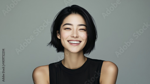 Obraz na płótnie A happy Asian woman, a young woman smiles and looks at the camera, a stylish minimalistic portrait on a light background w salonie
