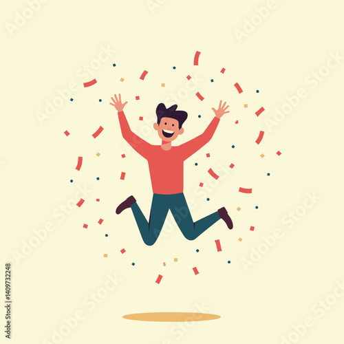 A joyful man is captured mid-air, jumping for joy amidst a shower of colorful confetti. Celebrating success.