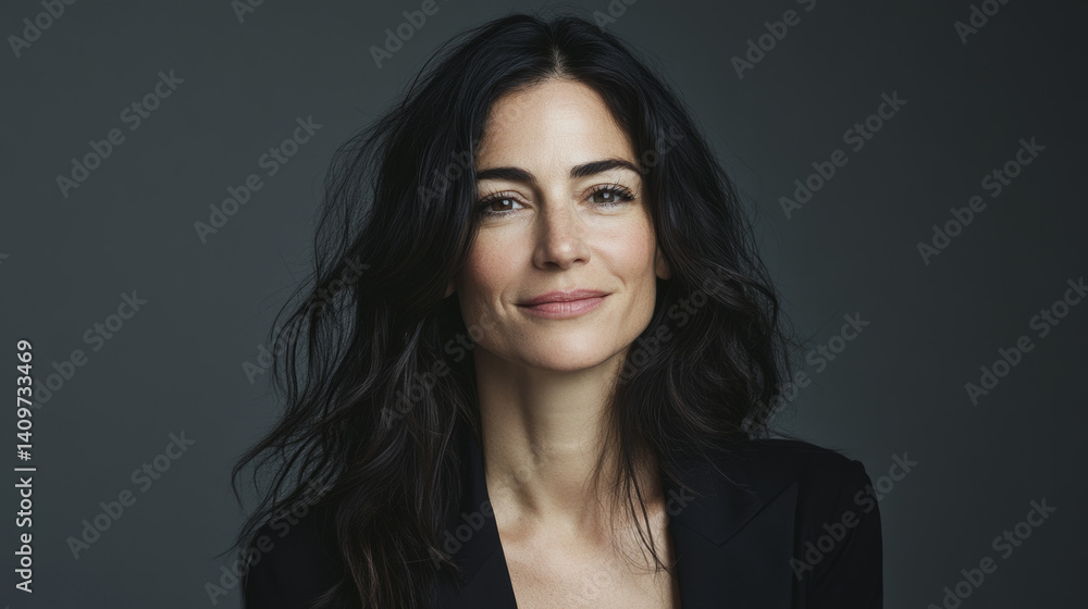 Confident smiling woman in minimalist light-toned portrait with clean monochrome backdrop