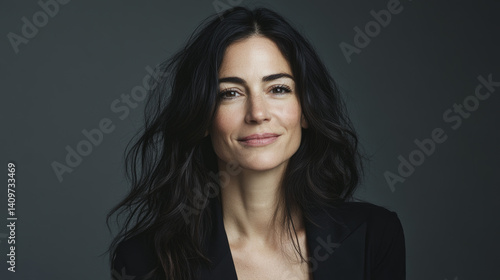 Obraz na płótnie Confident smiling woman in minimalist light-toned portrait with clean monochrome backdrop w salonie