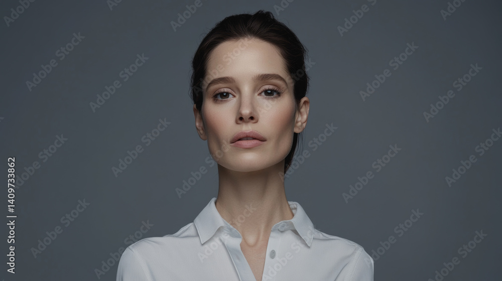 Confident middle-aged woman, minimalist studio portrait on monochrome background, elegant and stylish.
