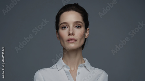 Confident middle-aged woman, minimalist studio portrait on monochrome background, elegant and stylish.