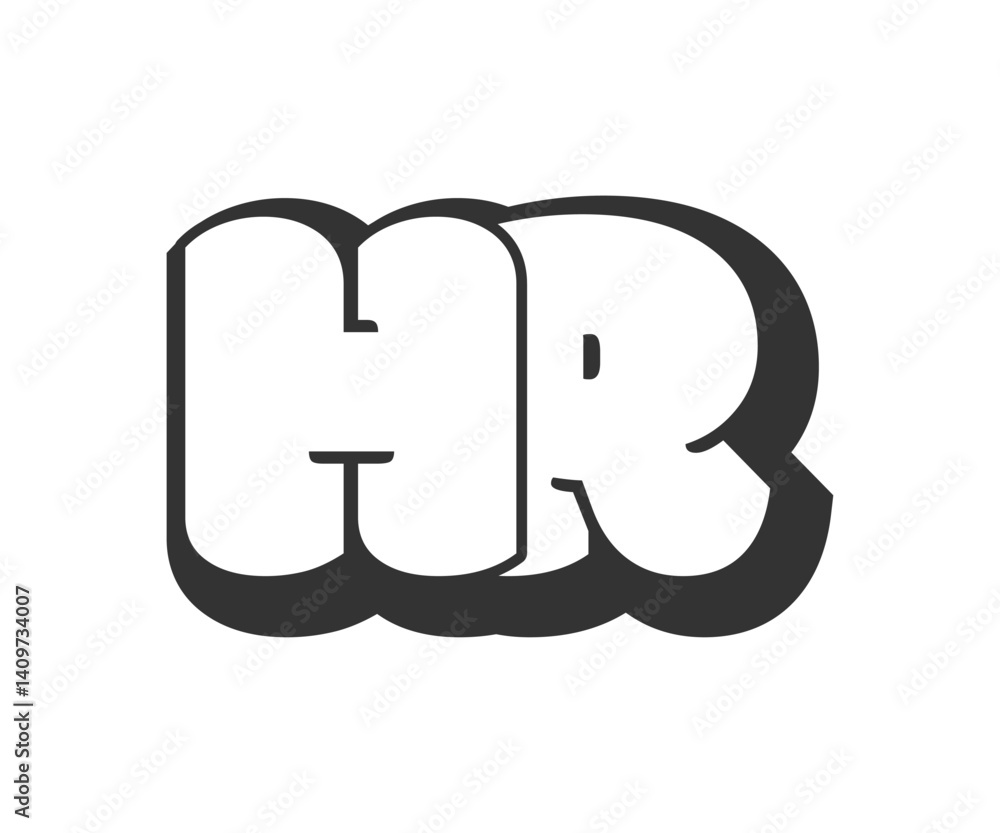 HR logo, bubble comic lettering, rounded in graffiti style black and white silhouette. Trendy preschool H and R letter text for festival party, personal initials, children funky print and web. HR logo, bubble comic lettering, rounded in graffiti style black and white silhouette. Trendy preschool H and R letter text for festival party, personal initials, children funky print and web.